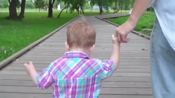 Een jongen en zijn moeder lopen. — Stockvideo