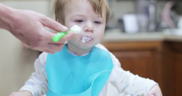 Chico alimentando queso con cuchara — Vídeo de stock