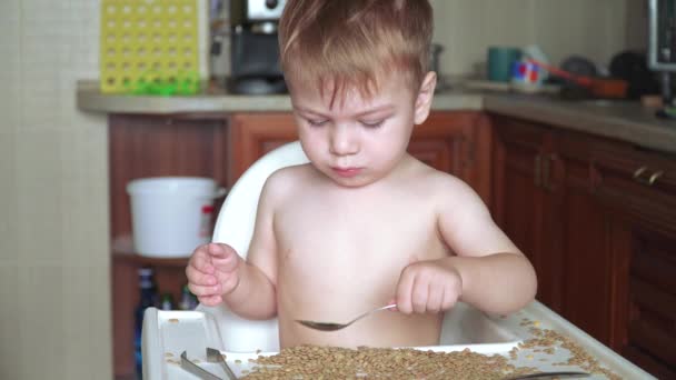 Мальчик играет с горохом и бобами — стоковое видео