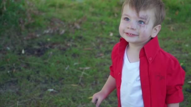 Niño pequeño con una cara manchada — Vídeos de Stock