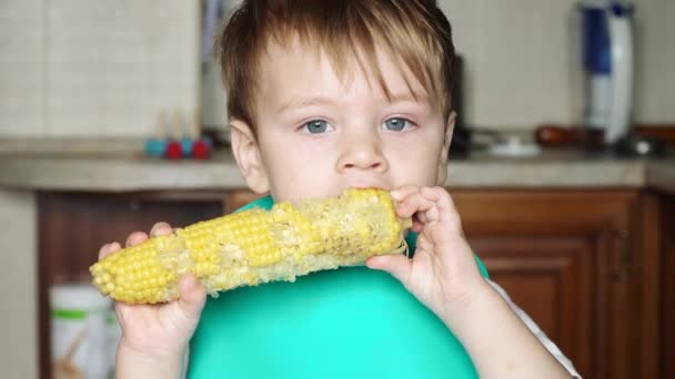 Niño comiendo maíz hervido — Vídeo de stock