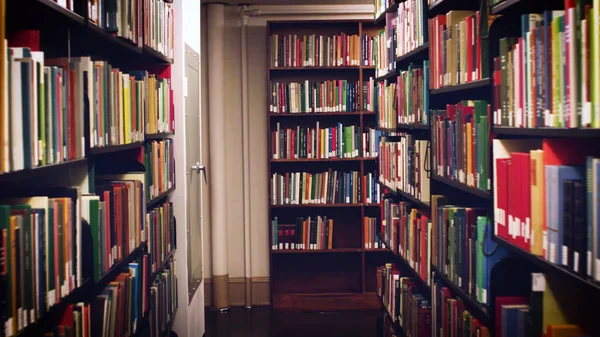 Livres Sur Étagères Dans Fond Salle Bibliothèque Publique Livre Scolaire — Photo