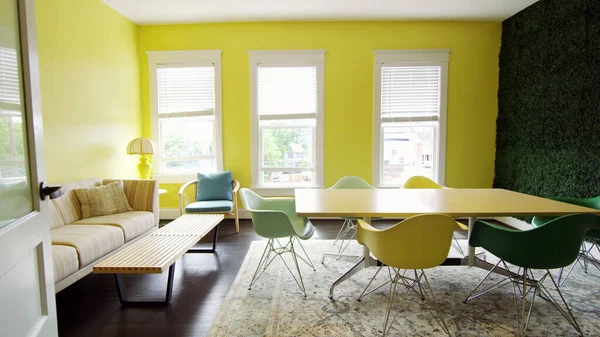 empty modern study space for students with yellow and green interior color, School or university public beautiful colorful classroom concept.