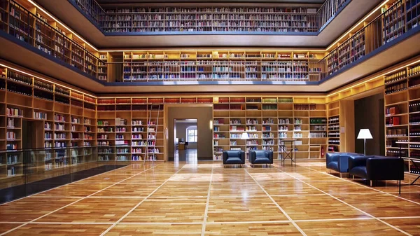 Vacker Modern Och Lyx Universitetsbibliotek Interiör Perfekta Bokhyllor Inga Människor — Stockfoto