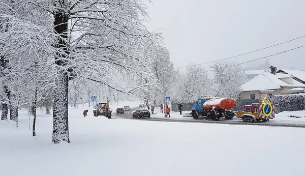 Prospect Vernadskogo Kyiv Limpeza Neve Pesada Por Trator — Fotografia de Stock