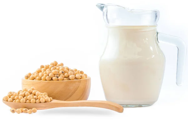 Soybeans and soy milk in a glass isolated on white background. — Stock Photo, Image