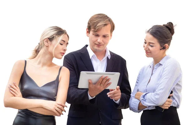 The man in the suit is inviting two women to be interested in what they are offering via ipad. isolated on white background with clipping path.