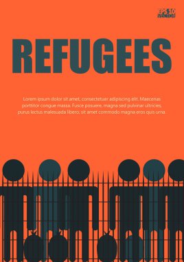 Göçmenler ve mülteciler kapalı ve kapa bariyer duruyoruz, çit dikenli telden yapılmış. Eps10 vektör çizim