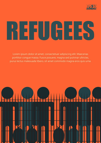 Migrants and refugees are standing behind closed and shut barrier, fence made of barbed wire. Eps10 vector illustration