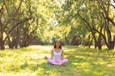 Güzel genç kız parkta yoga yapıyor. Germe egzersizleri