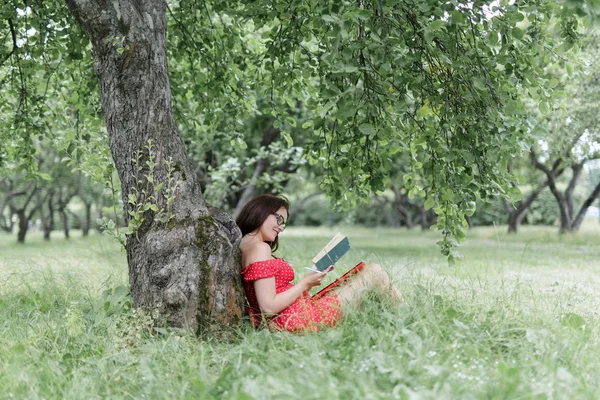 Jonge Vrouw Zittend Het Gras Onder Boom Leest Een Boek — Stockfoto