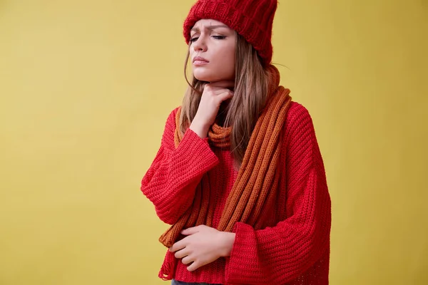 Young Ill Woman Red Sweater Coughing Standing Yellow Background Sore — Stock Photo, Image