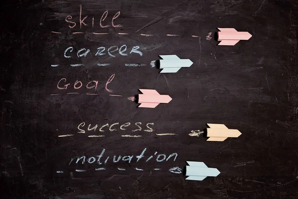 Motivation amd success concept: Multicolored rockets with inscriptions goal, innovation, creativity, individuality.