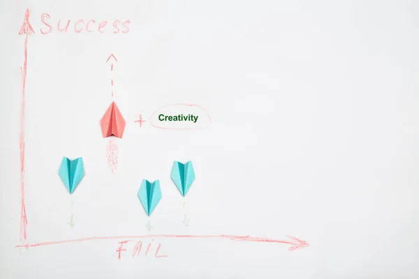 Sukces biznesowy i koncepcja Fail. Rozwiązanie, rywalizacja i wyzwanie. Trzy papierowe samoloty poszukujące rozwiązania — Zdjęcie stockowe