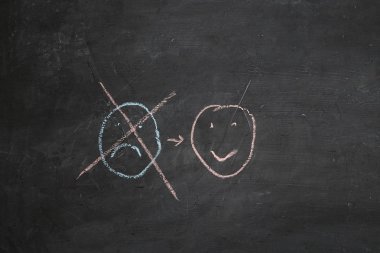 Pozitif düşünme veya Tutum ve Mutlu Kavram. El Çizilmiş Bir Gülen Yüz Ve Kara Tahta üzerinde Üzgün Duygu