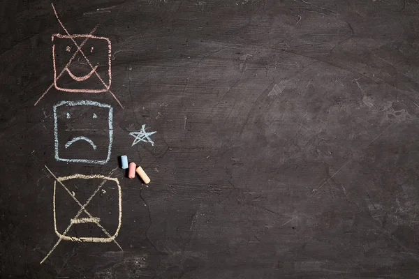 Müşteri deneyimi, derecelendirme ve oran. Müşteri ve Müşteri hizmetleri. Kötü ya da iyi hizmet. Bir tahta üzerinde üzgün surat