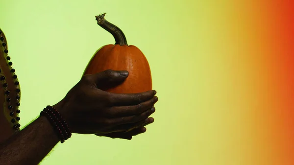 Man gives fruit from hand to hand. Stock. The concept of trade. Black guy gives fruit to white man