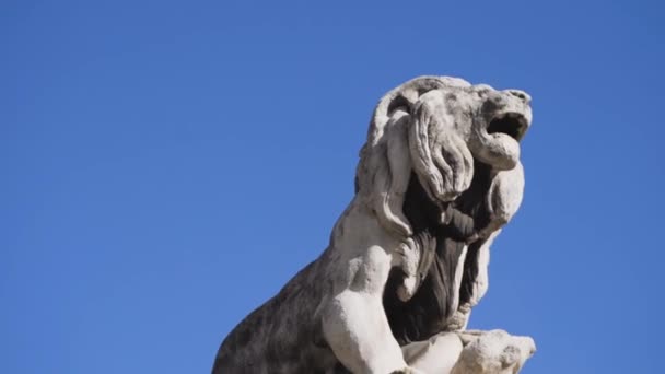 Monument aux lions en Italie. Des actions. L'un des quatre lions de pierre blanche du monument dédié à la vertu des martyrs à Naples, Italie — Video