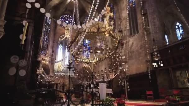 Barcelona, Spanien - April 2018: Interiör av domkyrkan av heliga kors och Saint Eulalia. Lager. Inne i katedralen i Barcelona — Stockvideo