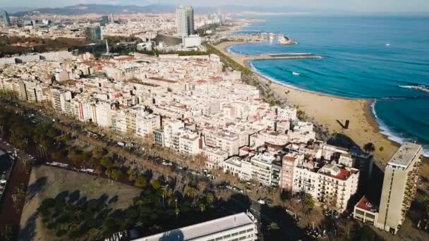 Vista superior da cidade moderna à beira-mar. Estoque. Cidade bonita na praia em um dia ensolarado — Vídeo de Stock