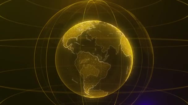 抽象的な未来回転地球儀粒子の小さなドット。放送の近代的な技術の背景。黒い背景に仮想デジタル惑星地球 — ストック動画