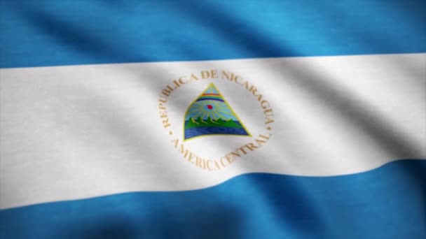 Nicarágua Imagens do stock de animação da bandeira do país. Bandeira da Nicarágua acenando sobre fundo branco. Nicarágua Animação bandeira do país acenando na brisa com textura de algodão e de perto — Vídeo de Stock