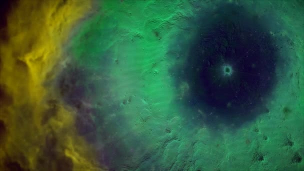 Animering av rymdfärder genom gula och gröna nebulosa. Flyga genom rymden nebula och stjärnor — Stockvideo