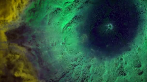 Animación de vuelo espacial a través de nebulosa amarilla y verde. Vuela a través de la nebulosa del espacio exterior y las estrellas — Vídeo de stock