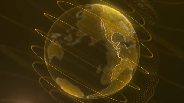 Wereldatlas Winkler Prins futuristische aarde Hologram spinnen digitale planeet naadloze Looping Motion achtergrond. Futuristische infographic van gegevensverbindingen en wereldwijd netwerk vertegenwoordigen grote gegevens concept en knooppunt — Stockvideo