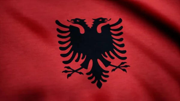 Bandera nacional de Albania. Bandera realista de Albania ondeando al viento — Foto de Stock