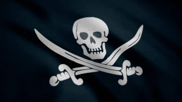 Jolly Roger es el nombre inglés tradicional para las banderas ondeadas para identificar el barco pirata a punto de atacar. Animación de la bandera pirata con huesos ondeando lazo sin costuras. Símbolo de cráneo y huesos cruzados en bandera negra — Foto de Stock