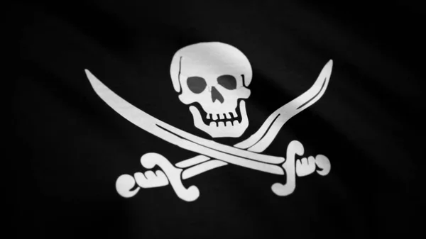 Jolly Roger es el nombre inglés tradicional para las banderas ondeadas para identificar el barco pirata a punto de atacar. Animación de la bandera pirata con huesos ondeando lazo sin costuras. Símbolo de cráneo y huesos cruzados en bandera negra — Foto de Stock