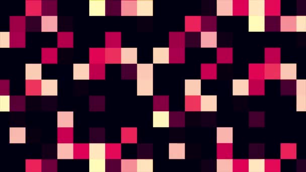 Abstract ιστορικό κίνησης πολύχρωμα pixel αναβοσβήνει και διακόπτη. Κινούμενη εικόνα φόντου καμμένος των κεραμιδιών ψηφιδωτό. Μετακίνηση τεχνολογικό πλατείες με φως λάμπει. Αφηρημένο κόκκινα τετράγωνα υπόβαθρο - άνευ ραφής — Αρχείο Βίντεο