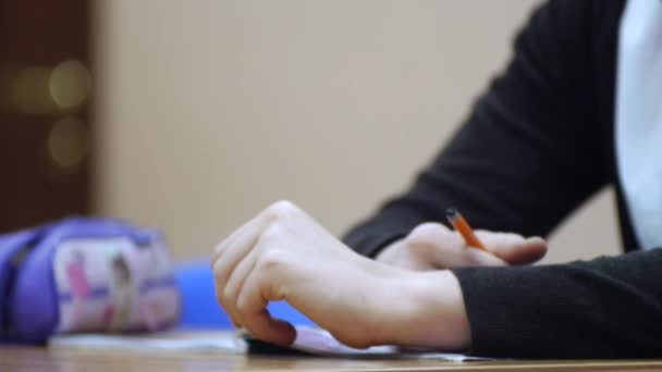 Schoolgirls learn at lecture, hands close-up. Clip. Girl with pencil in hand close-up — Stock Video