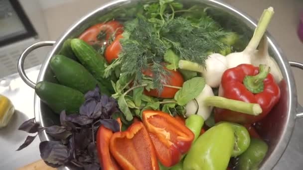 Свежие овощи. Клип. Повар кладет укроп в тарелку — стоковое видео