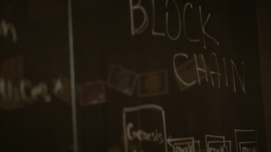 Abtsract blockchain kara tahta duvar arka plan üzerinde kroki. Hisse senedi. Cryptocurrency kavramı. Kelime yazı tahtası üstünde: Bitcoin, cryptocurrency, elektronik sanal para, blockchain, ağ, yatırım, gelecek -