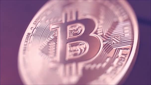 Šifrovací měna Bitcoin zlaté - Btc - Bit mince. V UK. Makro snímky šifrovací měna. Rotující Bitcoin. Bitcoin mince otočení. Bezproblémová, opakování. Technologie blockchainu — Stock video