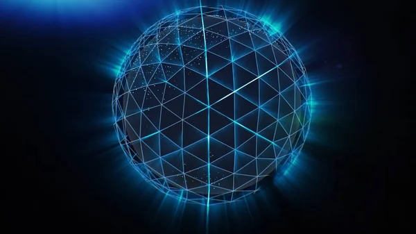 Blue Polygonal Sphere Spinning. Stock. Abstract neon ball made from lines. — Stock Photo, Image