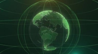 Soyut fütüristik dönen dünya küre parçacıkları veya küçük noktalar. Modern teknolojik altyapı yayın için. Sanal dijital dünya gezegeni siyah arka plan üzerine. Şehir ışıkları ile dijital dünya