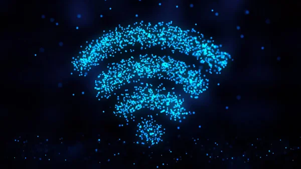 Анімація літаючих мерехтливих частинок утворює знак Wi-Fi або інтернет-символ на темному тлі з картою землі з точок. Рух піктограм Wi-Fi на тлі художньої мережі. Анімація безшовної петлі . — стокове фото