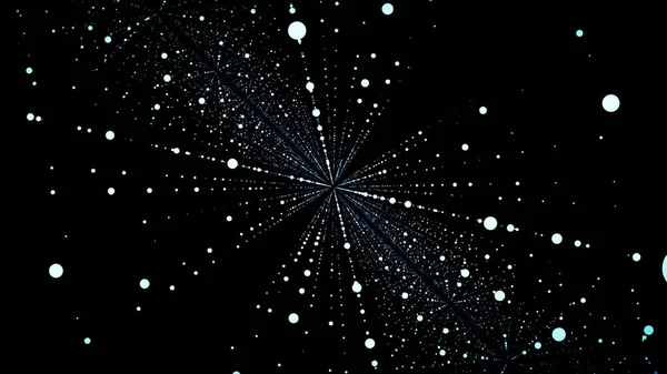 Abstract particle fail in the dark. Random small particles form horizontal abstract lines. Infinite space background. Matrix of glowing stars with illusion of depth, perspective. Small circles appear