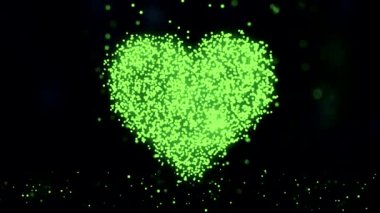 Animasyon titreşen parçacıklar uçan bir kalp işareti oluşturmak veya earth harita üzerinden noktalar ile koyu arka plan sembolü gibi. Çizgiler ve noktalar ağ bulut içinde görünen dijital kalp simgesi. Şekillendirme sembolü