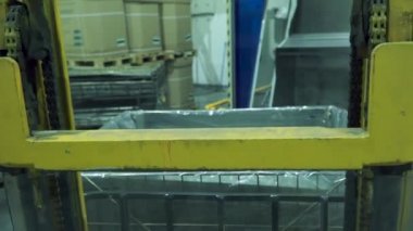 Bir kamyon yükleme Forklift kamyon ilk kişi görünümü. Küçük. Forklift kamyon şoförü depo palet içinde boşaltma. Forklift yükleyici yük kutulara bir kamyon