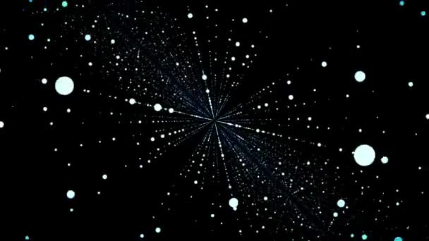 Le particelle astratte falliscono al buio. Piccole particelle casuali formano linee orizzontali astratte. Sullo sfondo infinito dello spazio. Matrice di stelle incandescenti con illusione di profondità, prospettiva. Appariranno piccoli cerchi — Video Stock
