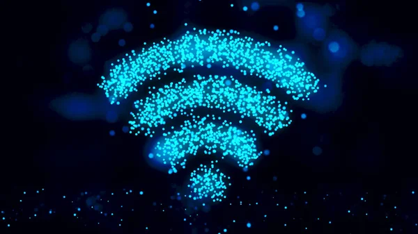 Símbolo Wifi. Abstrato brilhante fundo borrado. Bokeh. Luzes em forma de piscamento desfocadas. Símbolo sem fio conceitual no fundo bokeh abstrato borrado azul. Fundo Wi-Fi — Fotografia de Stock