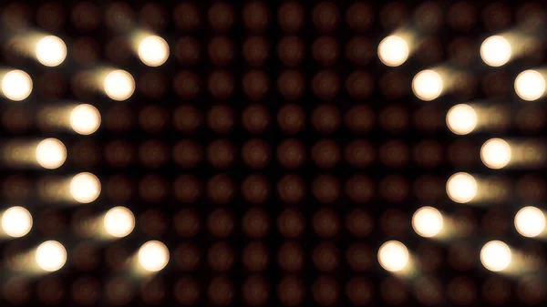 Fundo Ultra Music Festival. Projetores brilhantes ligando e desligando formando diferentes formas. Lâmpadas de iluminação multicolor loop. Projetores Luzes de flash — Fotografia de Stock