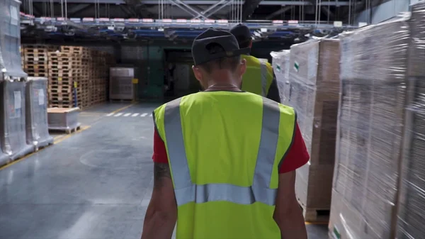Retrato da visão traseira do trabalhador do armazém que usa o hardhat e a jaqueta reflexiva que anda entre prateleiras de armazenamento com caixas. Trabalhador armazém masculino — Fotografia de Stock