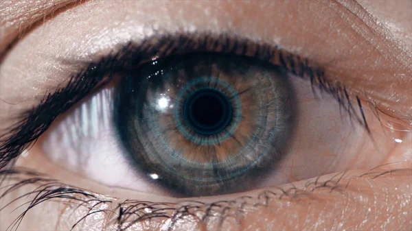 Lente tecnológica en el ojo. El concepto de tecnologías futuras. Ojo femenino con lente futurista, macro —  Fotos de Stock