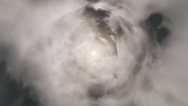 Beautiful cloudscape with large, building clouds and sunrise breaking through cloud mass. Stormy Clouds. Sun appearing behind large clouds. Fast motion. Fog on first ground. — Stock Video