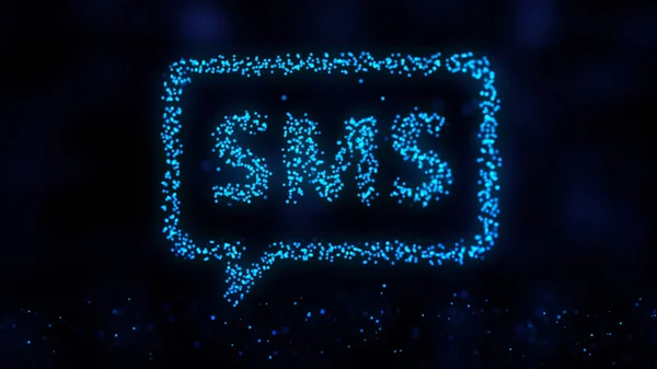 Sms signe composé de particules bleues sur fond noir. Animation du message ou des sms — Photo